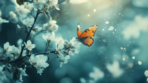 Gentle orange butterfly resting among dreamy spring blossoms.