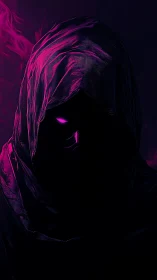 Hooded void figure with neon magenta rim lighting portrait.