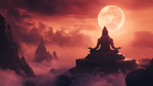 Silhouetted yogic figure meditates before an immense lunar disc