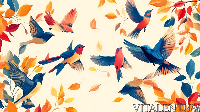 Colorful Birds in Flight Among Autumn Leaves, Digital Art Style.