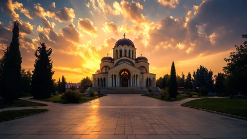 Orthodox basilica with domes at golden hour sunset glow
