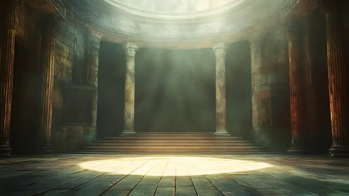 Sunlit oculus illuminating deserted classical rotunda interior