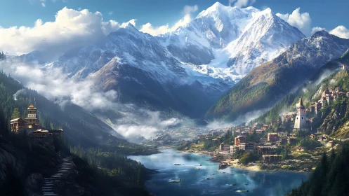 High-detail alpine valley cityscape framed by snow-laden peaks