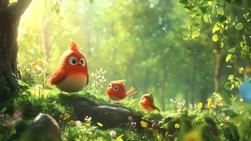 Cute Cartoon Birds in Enchanted Forest, Whimsical Digital Art.