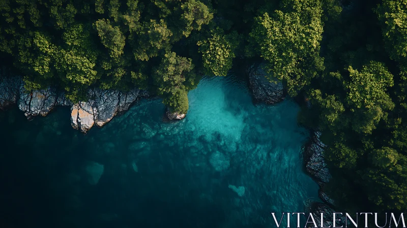 Turquoise cove meets dense forest along rocky shoreline.
