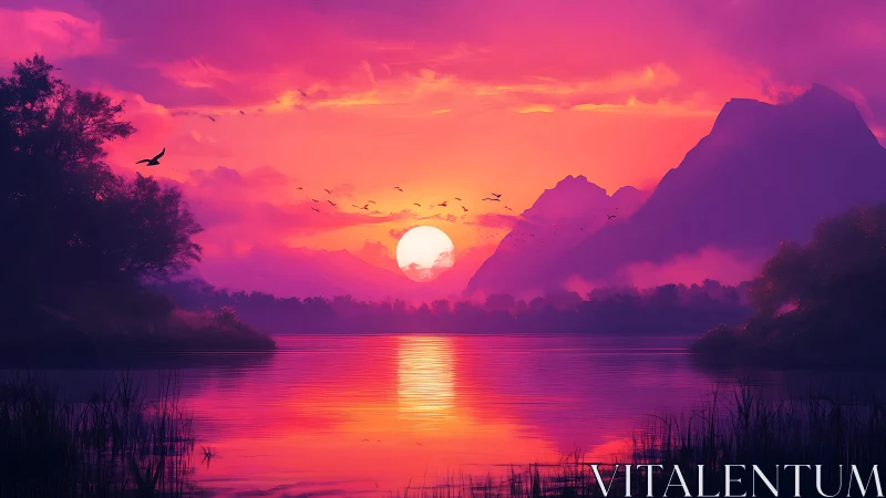 Sunset paints neon dreams across mountains and still water