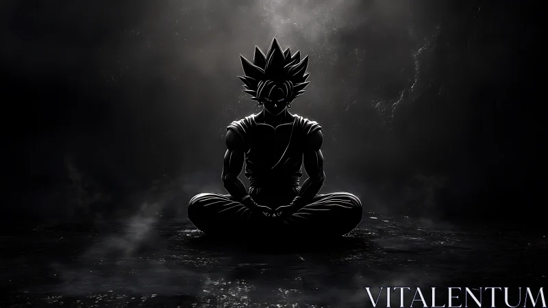 Silhouetted spiky-haired figure sits centered in dim light