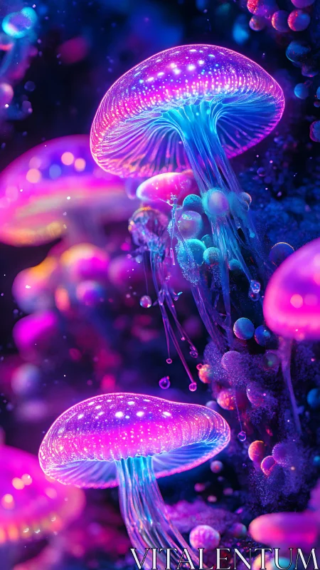 Neon jellyfish forms in dense underwater style backdrop.
