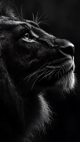 Black and white lion profile with dramatic side lighting.