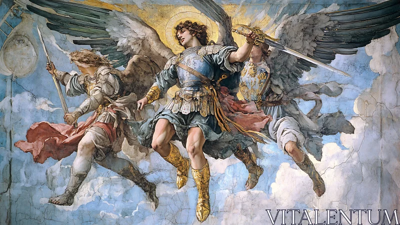 Radiant armored angels soar through clouds with shining resolve