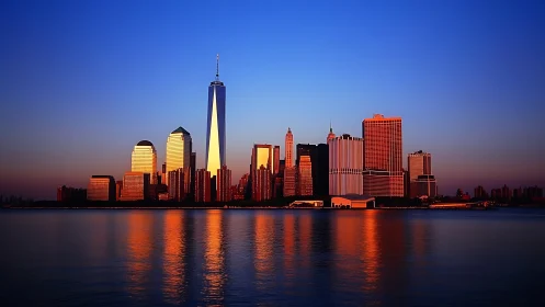 Sunlit high-rise waterfront skyline under gradient twilight sky.