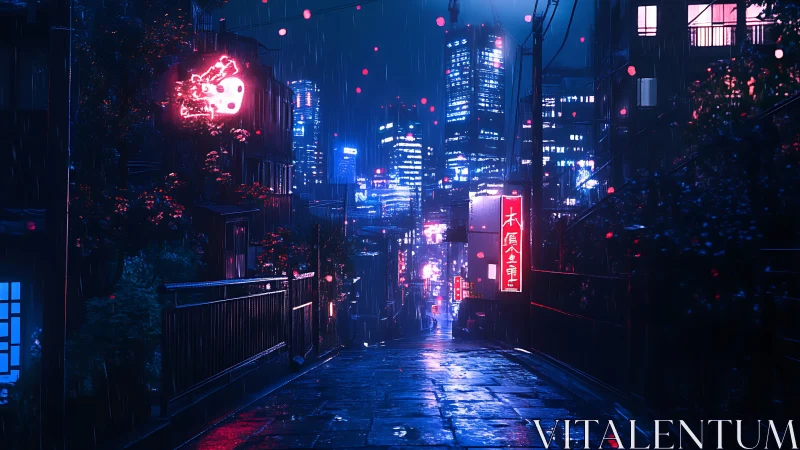 Cyberpunk alley under neon rain in futuristic cityscape.