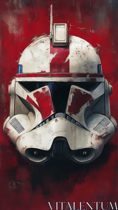 Battleworn trooper helmet stares out from crimson silence