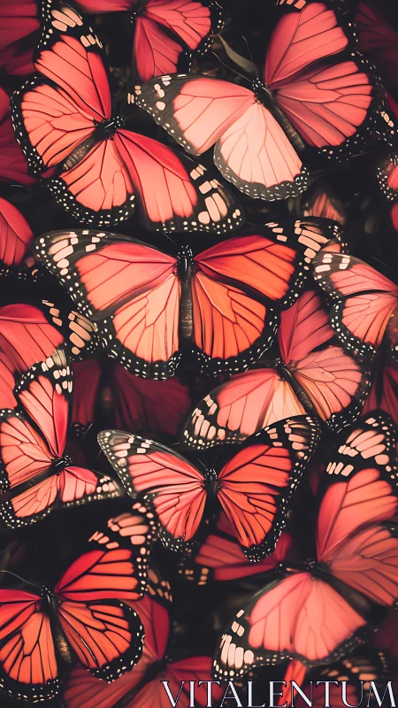 Clustered red monarch butterflies fill the entire frame