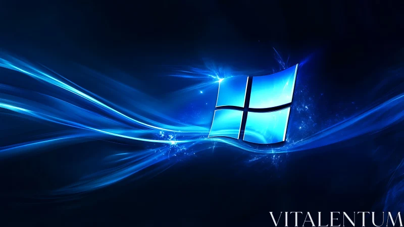 Glowing Windows logo slices through electric blue waves.