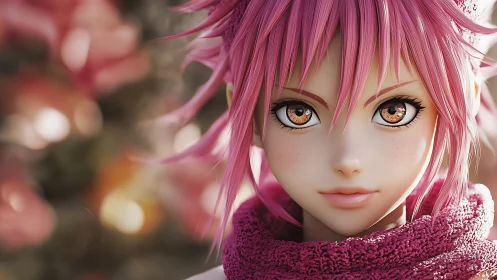 Pink haired anime portrait with warm bokeh background focus.
