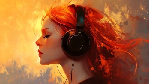 Profile portrait of red-haired woman with headphones listening.