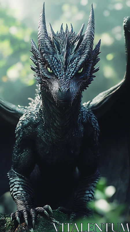 Forest-shadow dragon waits, emerald gaze guarding secrets.