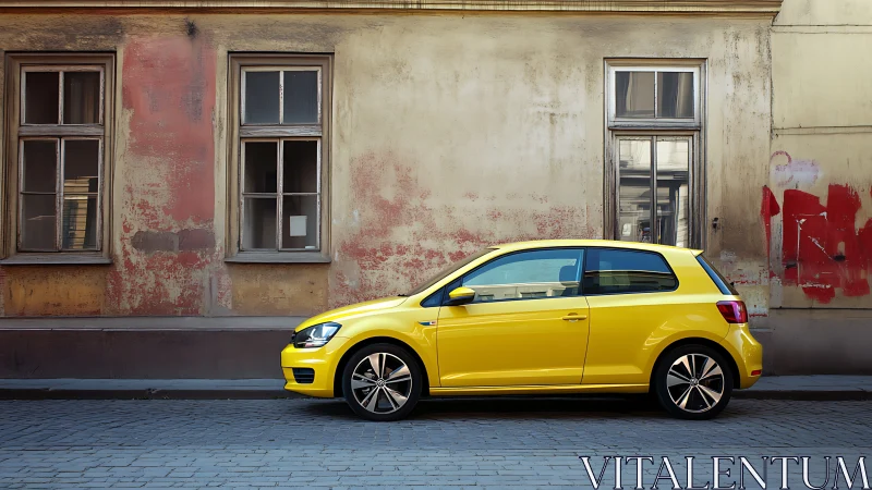 Yellow hatchback contrasts with distressed urban facade in profile