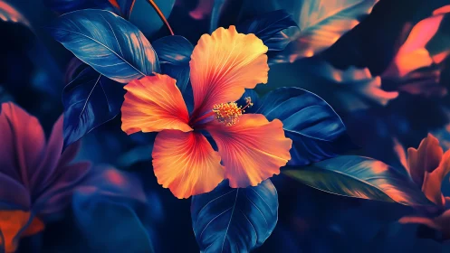 Luminous Hibiscus in Contrasting Blue and Orange Digital Light