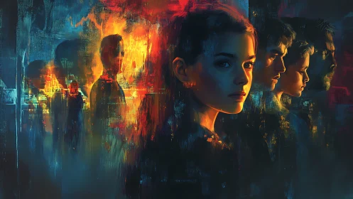 Digital portrait sequence shows faces against abstract fire