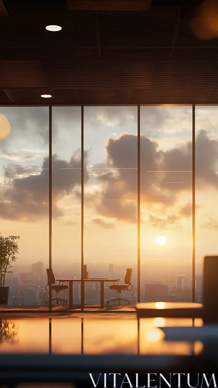 Sunlit corporate meeting space overlooking city skyline.