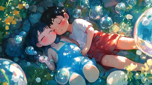 Childhood friends napping in grass among drifting bubbles.