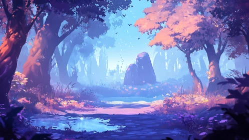 Chromatic Forest Landscape: Luminous Woodland with Layered Atmospheric Depth