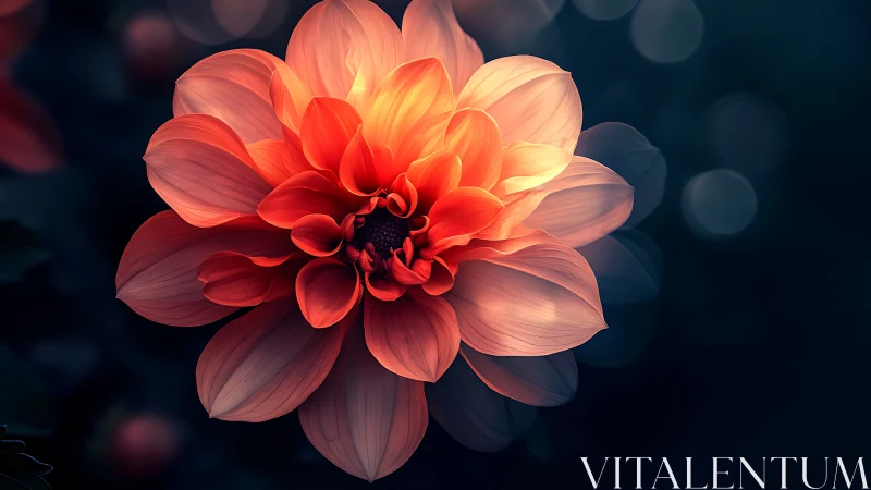 Three-dimensional rendered dahlia flower with layered petals in red-orange gradient against dark bac