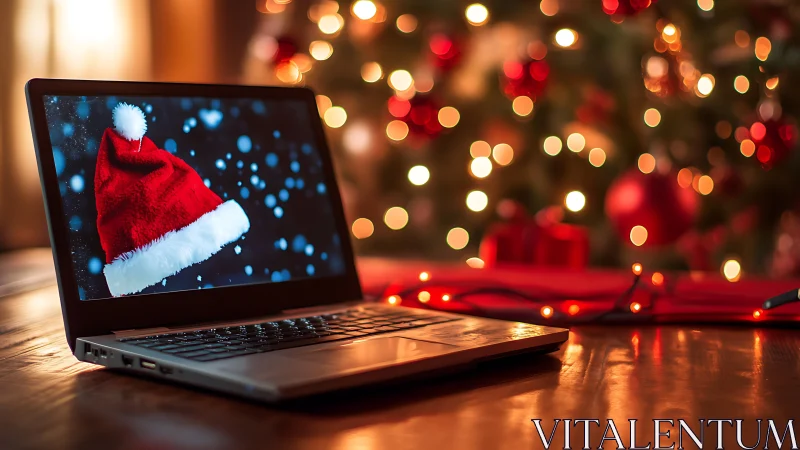 Laptop with Santa hat screen in warm Christmas setting.