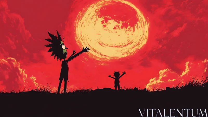 Silhouetted duo greet swirling sun over crimson sky.