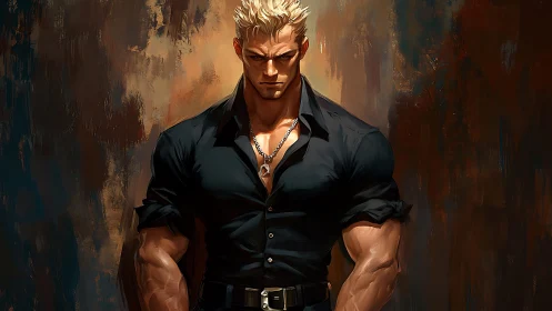 Muscular blond man rendered in high-contrast digital painting