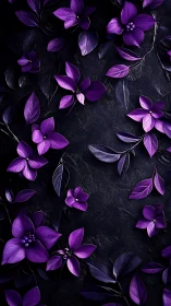 Vibrant Purple Flowers Arranged on Dark Textured Surface with Leaves