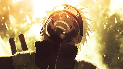 Anime hero in radiant backlight with dynamic portrait framing.