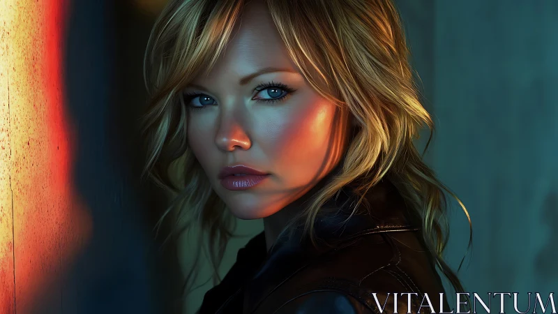 Warm city lights on a thoughtful woman in leather jacket.