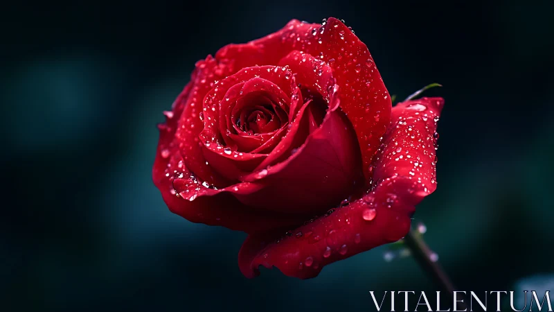 Deep Red Rose Glistening with Morning Dew Drops.