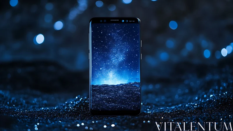 Smartphone with starry galaxy display in blue light.