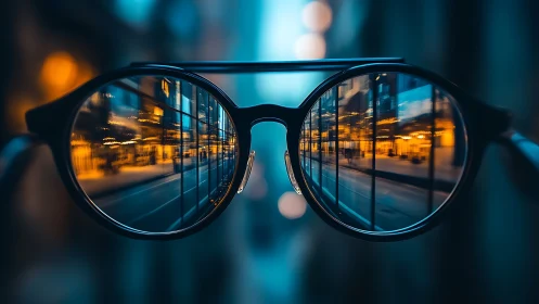 City reflections through round glasses at blue dusk.