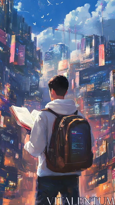 Student coder reading in tall neon digital cityscape.