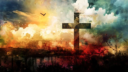 Digital painting of silhouetted cross in abstract sunrise sky.