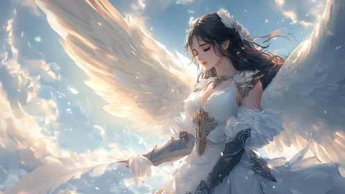 Gentle skyborn guardian resting within sunlit clouds.