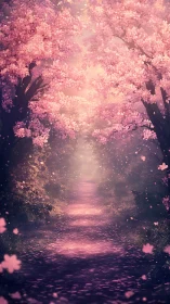 Cherry tree path extends under dense pink blossom canopy
