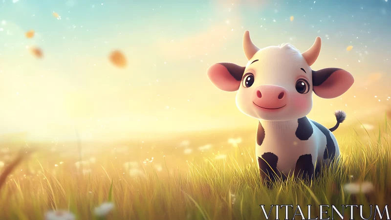 Cartoon calf standing in sunlit meadow at sunrise.