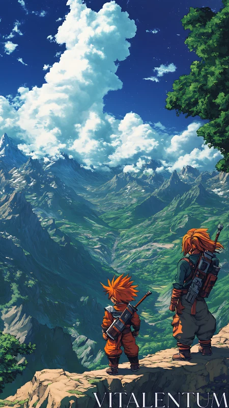 Young adventurers overlook a vast green valley at dawn