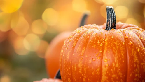 Dew-kissed pumpkin glows against warm autumn bokeh background.