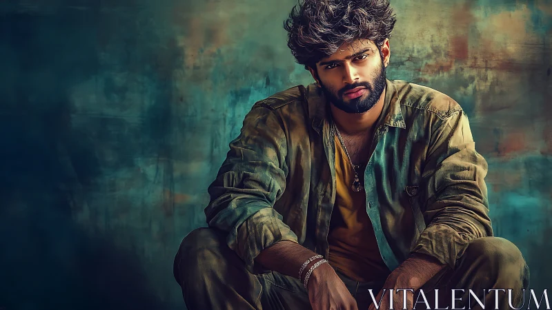 Moody portrait of seated man in casual green jacket.