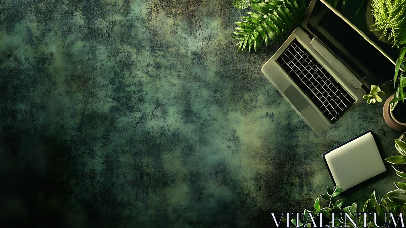 Digital workspace with botanical laptop flatlay composition.