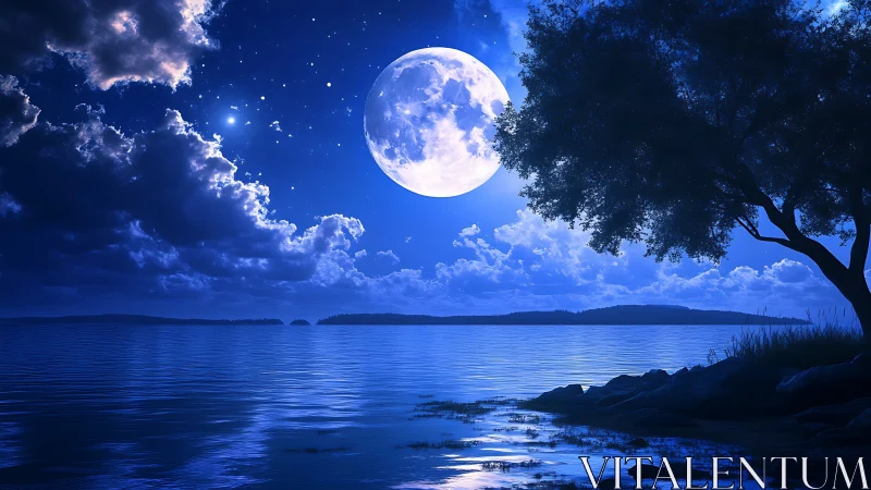 Digital painting moonlit lake with silhouetted shoreline tree.