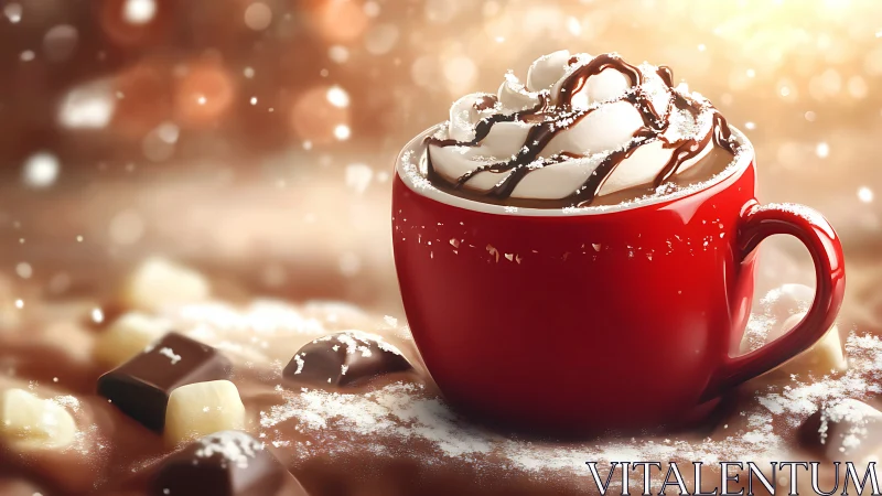 Red mug hot chocolate with whipped cream and drizzle.