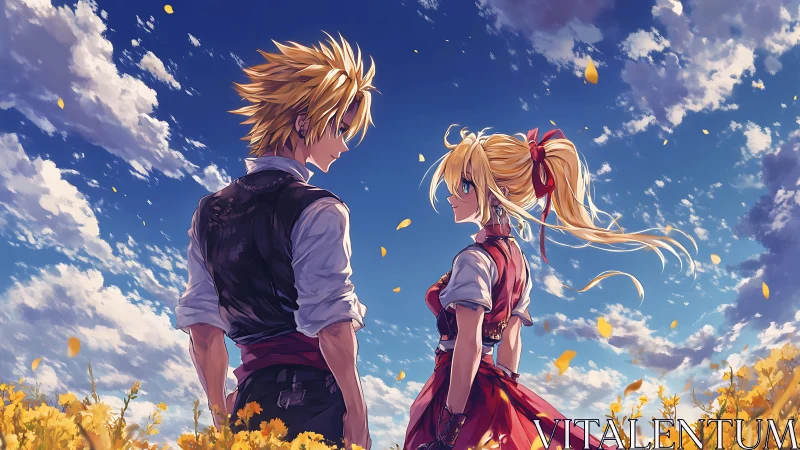 Two anime figures in yellow flower field under sky.
